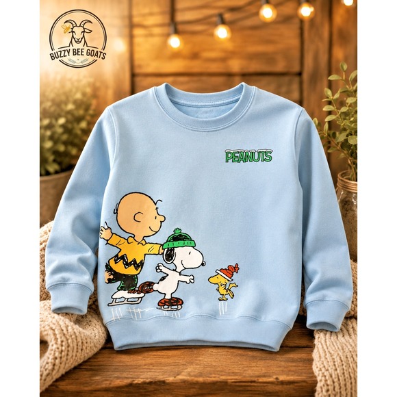 Peanuts Tops - Peanuts Snoopy and Friends Ice Skating Sweatshirt Jr Girls SZ Large Light Blue